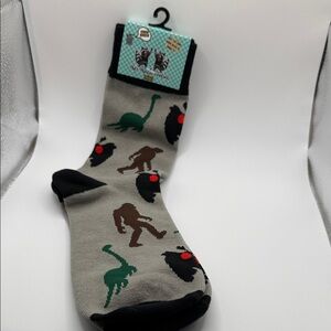 Fun Patterned Gray Dress Socks with Sasquatch and Dinosaur